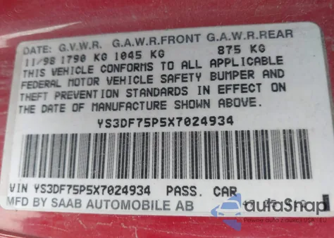 1999 Saab 9-3 Se from USA, damaged, VIN YS3DF75P5X7024934